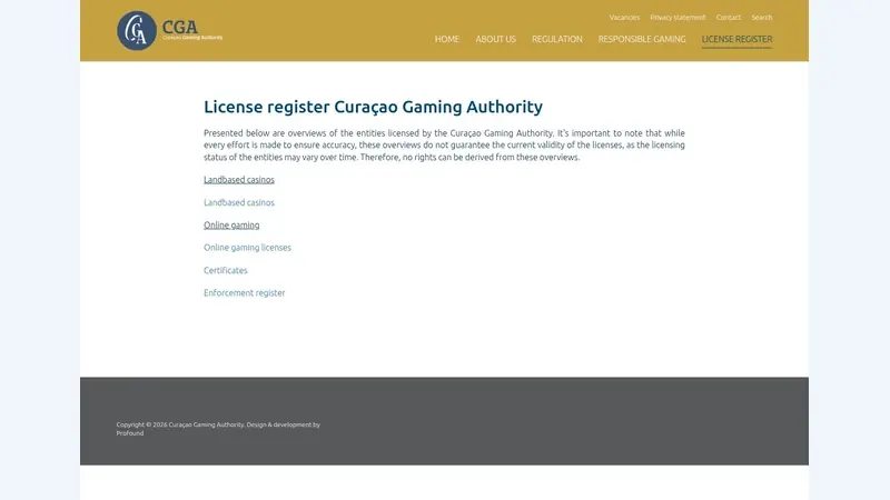 Página del registro de Curaçao Gaming Authority del 9 de octubre de 2026